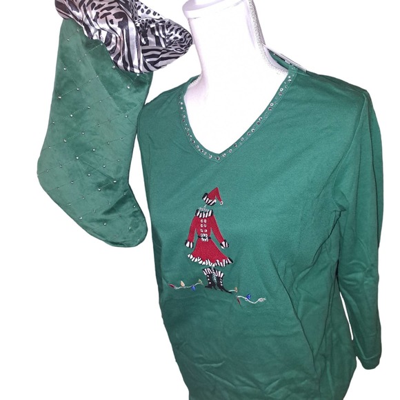 NWT- Ready for Gifting! Sz M Quaker Factory Mrs Claus Green & matching Stocking - Picture 3 of 5